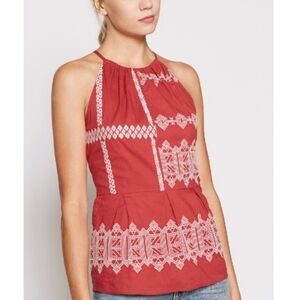 Joie Top 12 Red Konomi Geometric Embroidered Halter Peplum Tank High Neck NEW